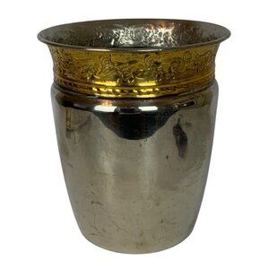 Vintage Round Metal Waste Basket With Embossed Brass Trim Made In India